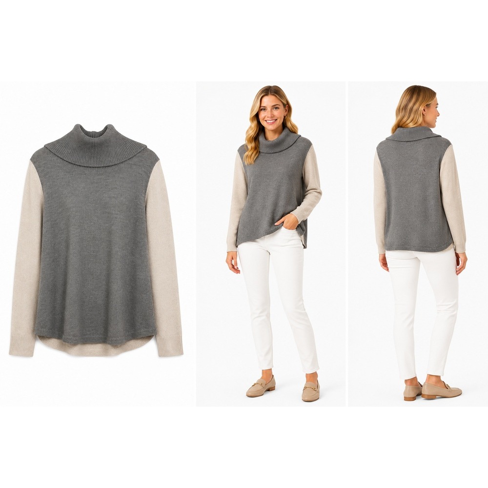BCBGMAXAZRIA‎ Sweater Womens XS Grey Colorblock Turtleneck Asymmetrical Hem Knit